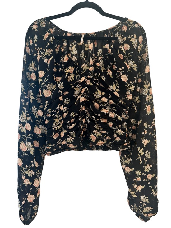 Free People Tops - Free People Black Floral Ruched Long-Sleeve Blouse